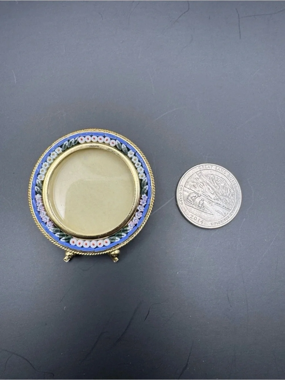Vintage Italian Micro Mosaic Round Picture Frame Italy Floral Glass Easel Blue